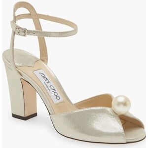 Jimmy Choo Sacaria 85. Shimmer suede with pearl. Worn once for my wedding!!